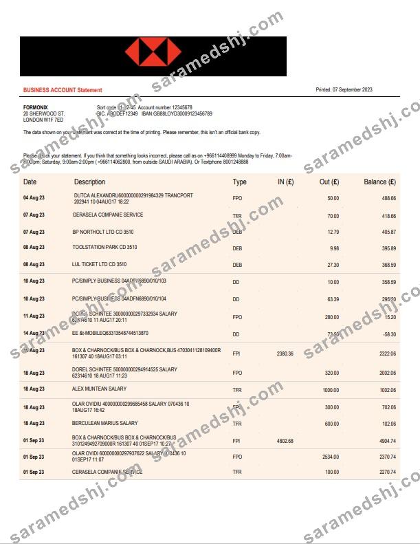 Saudi British Bank Business statement Word and PDF template